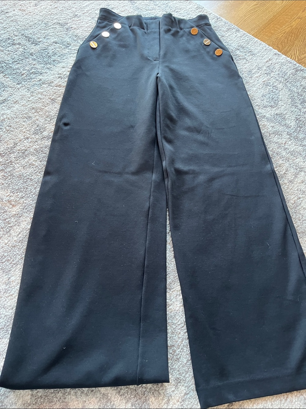 SPANX Black Wide-Leg High-Waist Pants with Gold Buttons